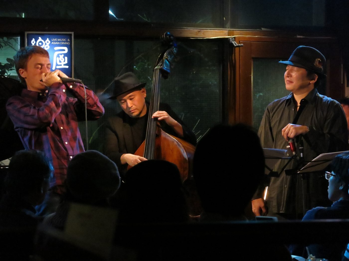 Federico Linari performing live on harmonica at a jazz club show